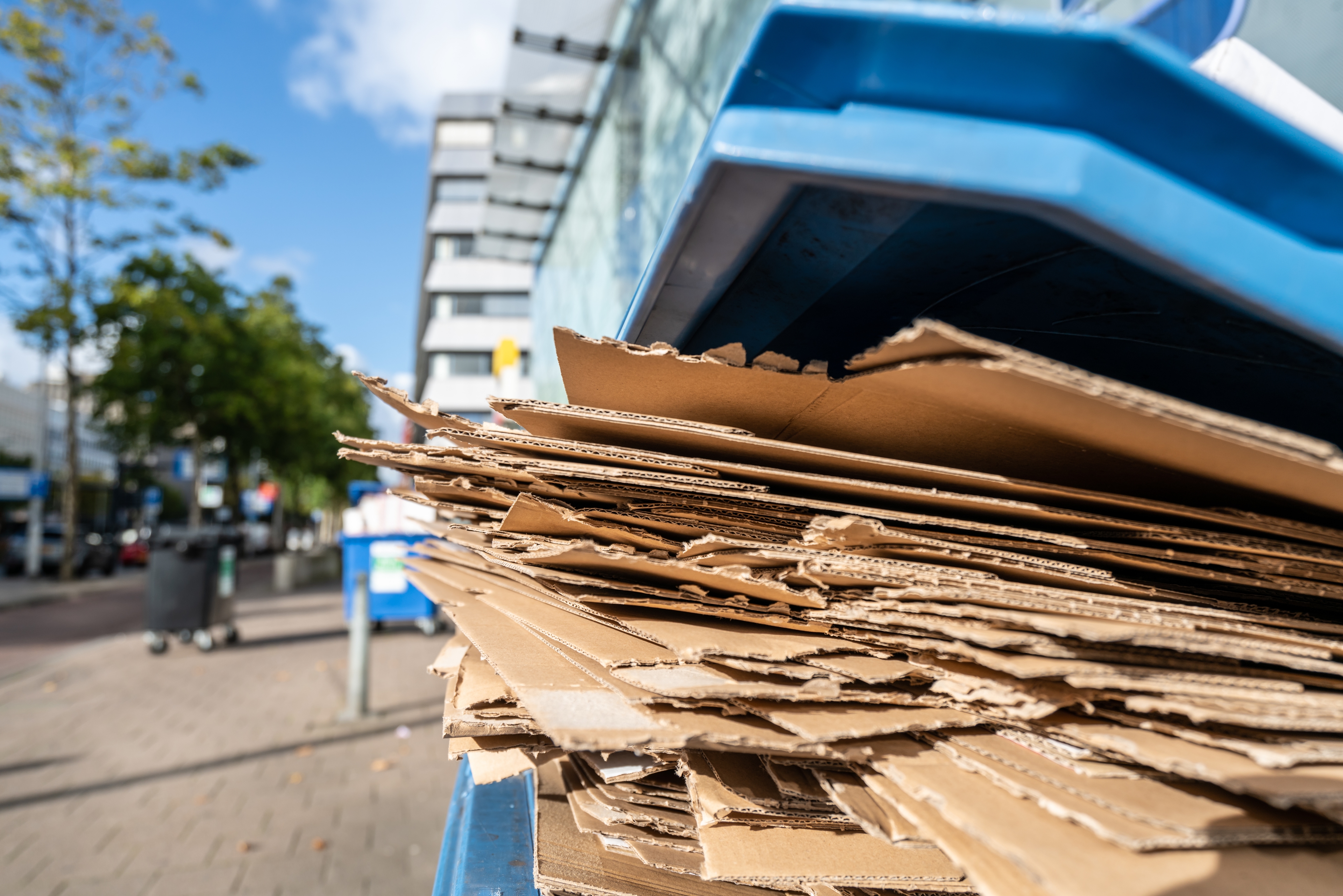 Kartonagen in einem Sammelcontainer für das Papierrecycling