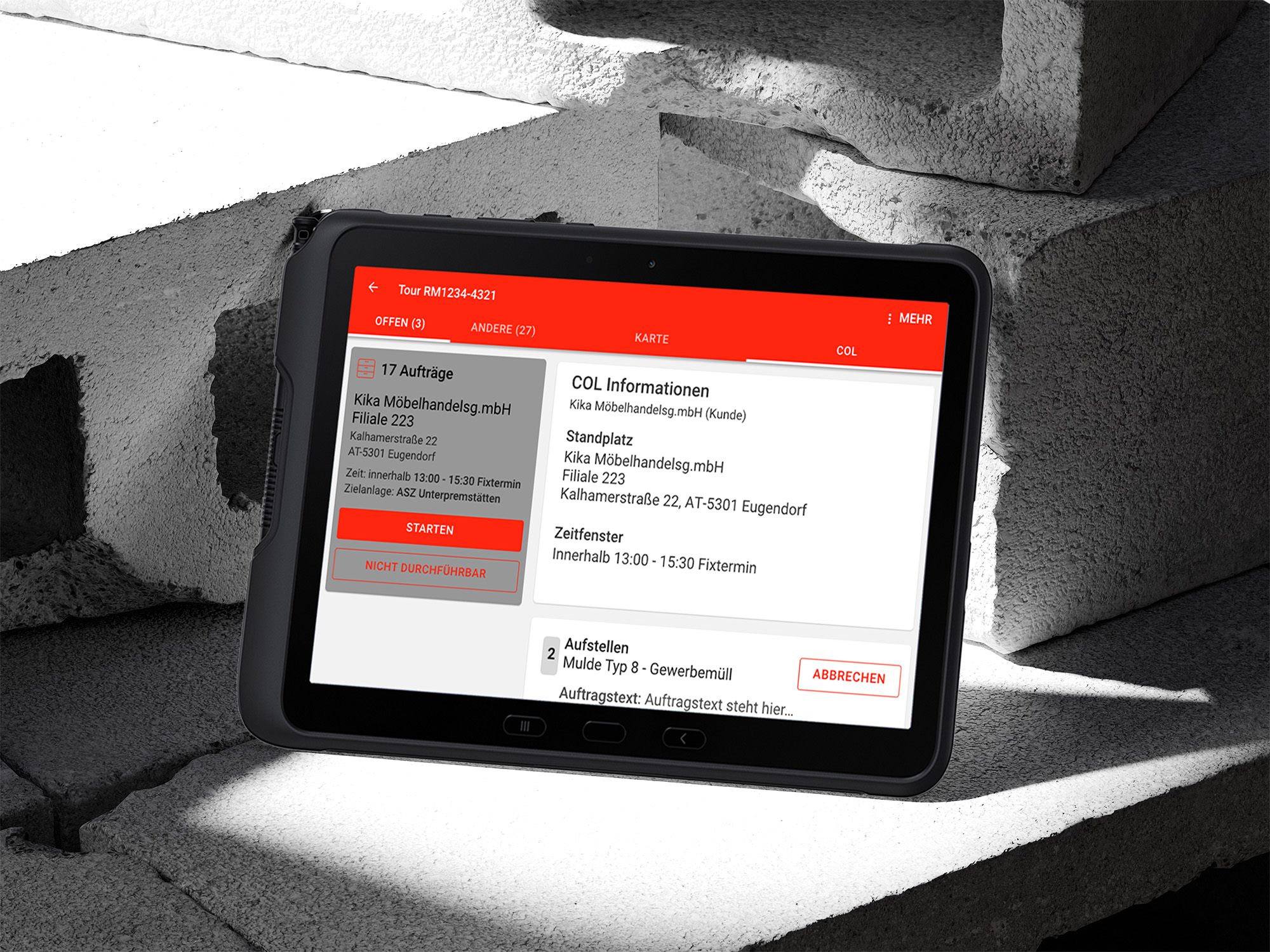 Tablet mit einer Anwendung zur digitalen Touren- und Auftragssteuerung
