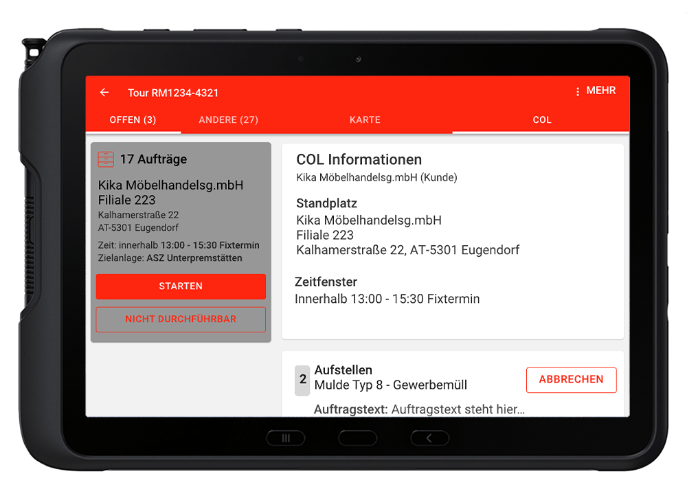 Tablet with the MOM application for digital order processing