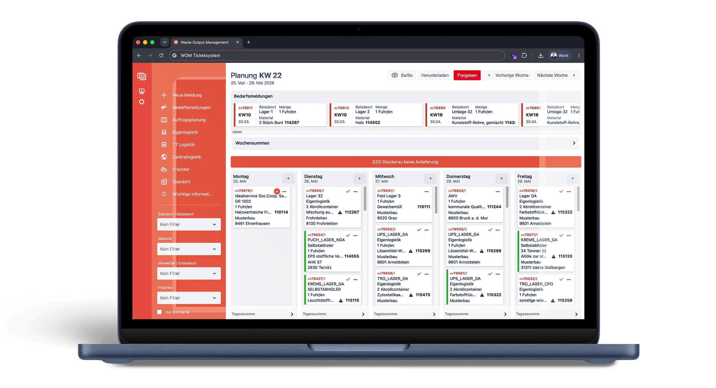 Laptop with weekly planning for orders and material transports