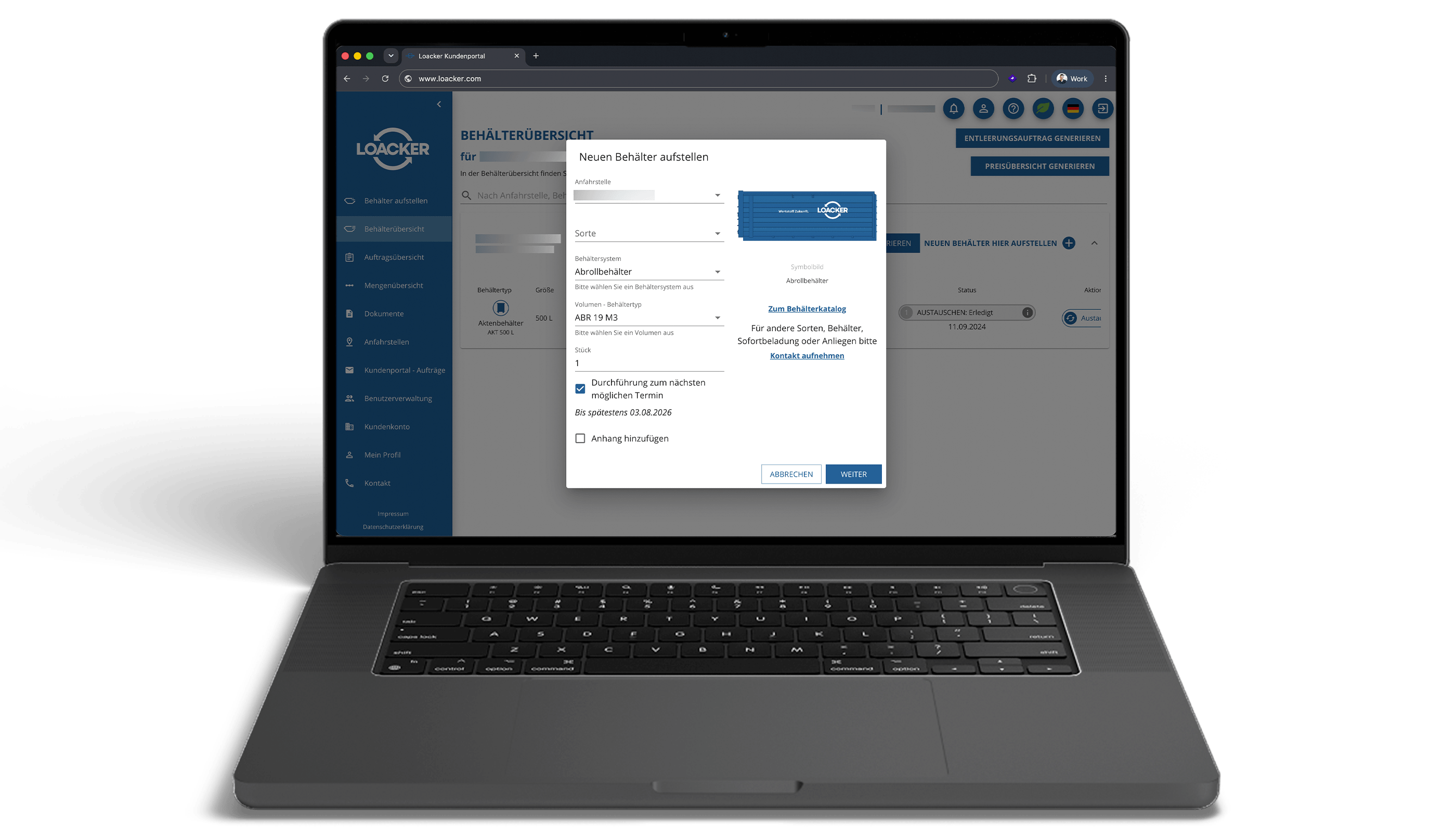 Laptop with the Loacker customer portal for digital container management